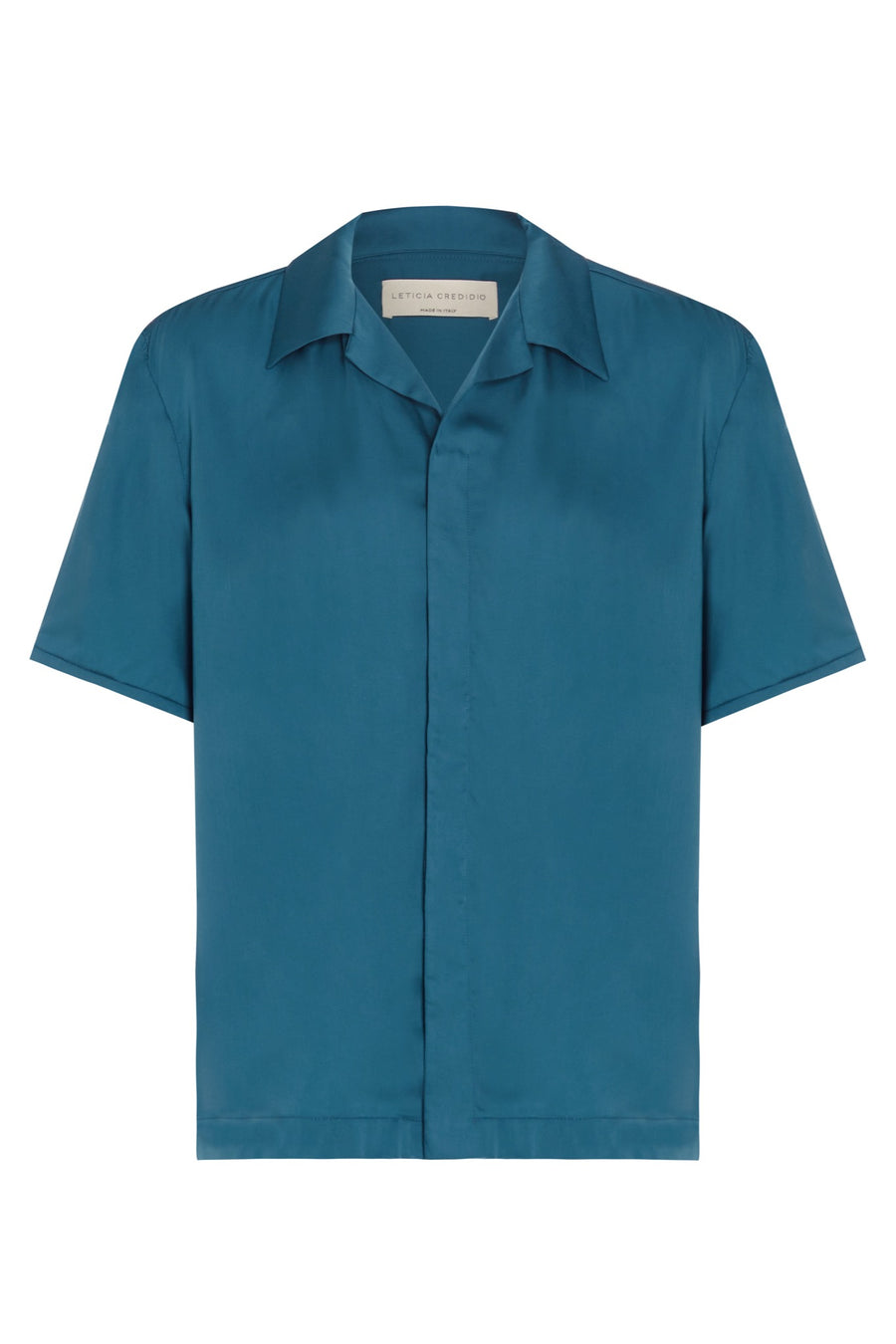 Blue short sleeve pyjama shirt in vegan silk